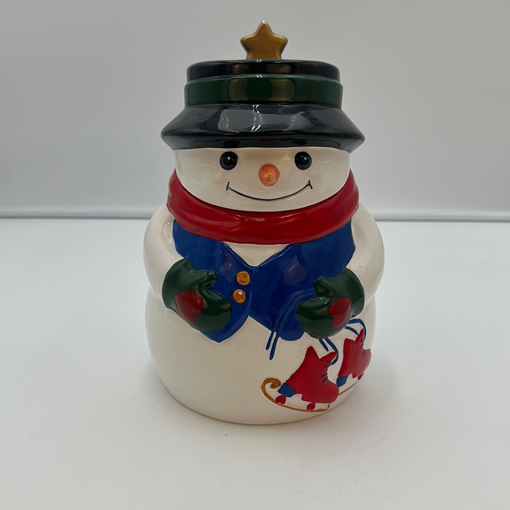Allure 1998 Vintage Snowman Cookie Jar Hand Painted Ceramic